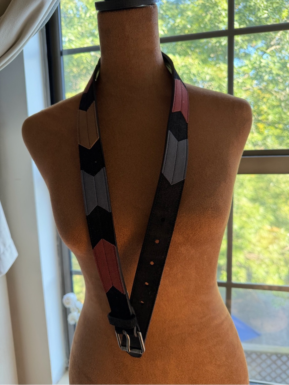 Banana Republic Black Leather Belt with Brown and Gray Chevron Inlays